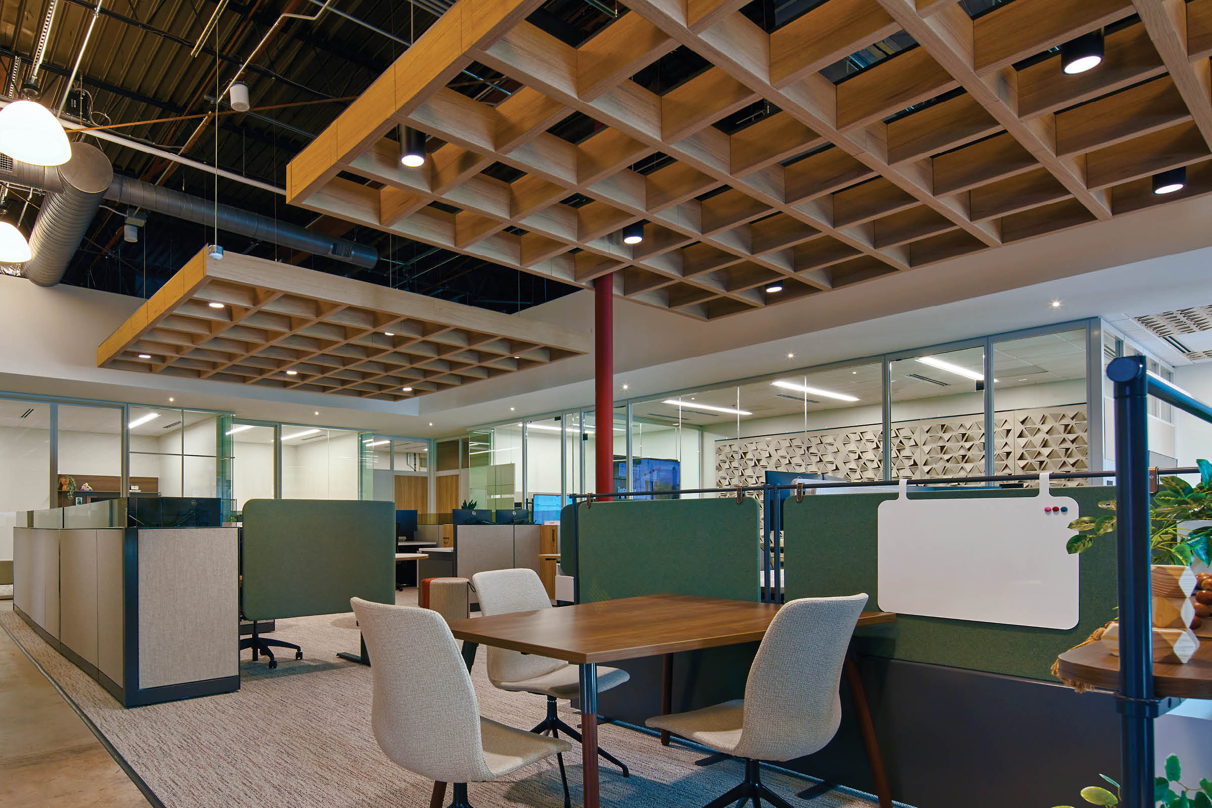 Open-plan workplace with even masking coverage